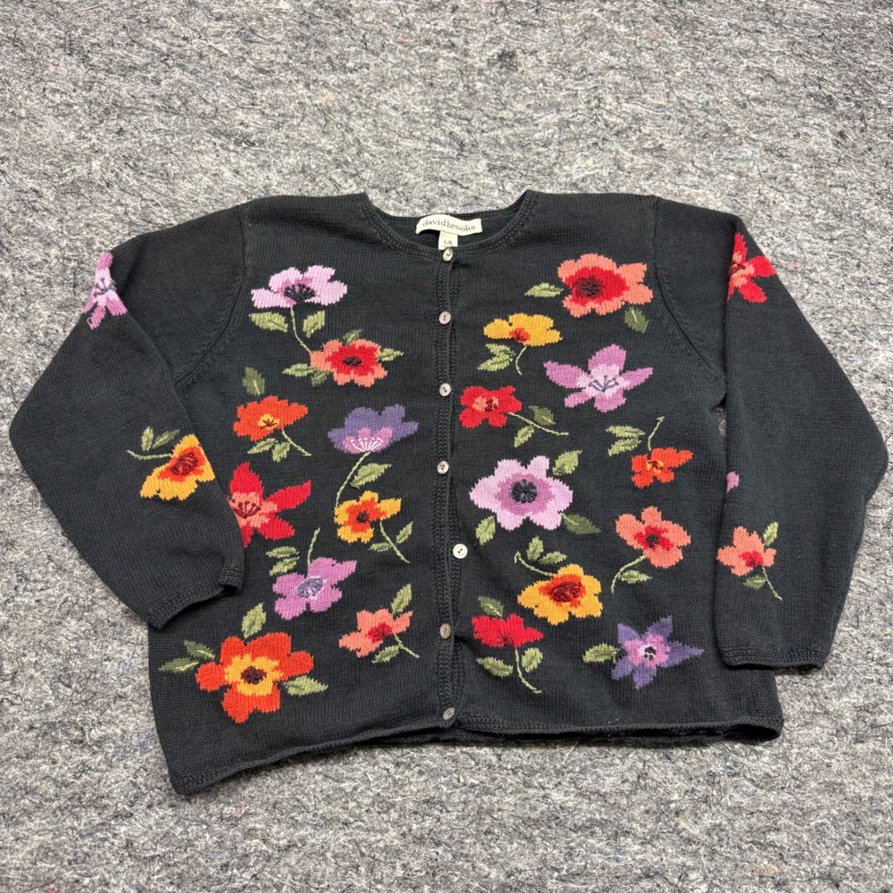 David Brooks Floral Cardigan Sweater Black Linen Cotton Knit Button Front L/G